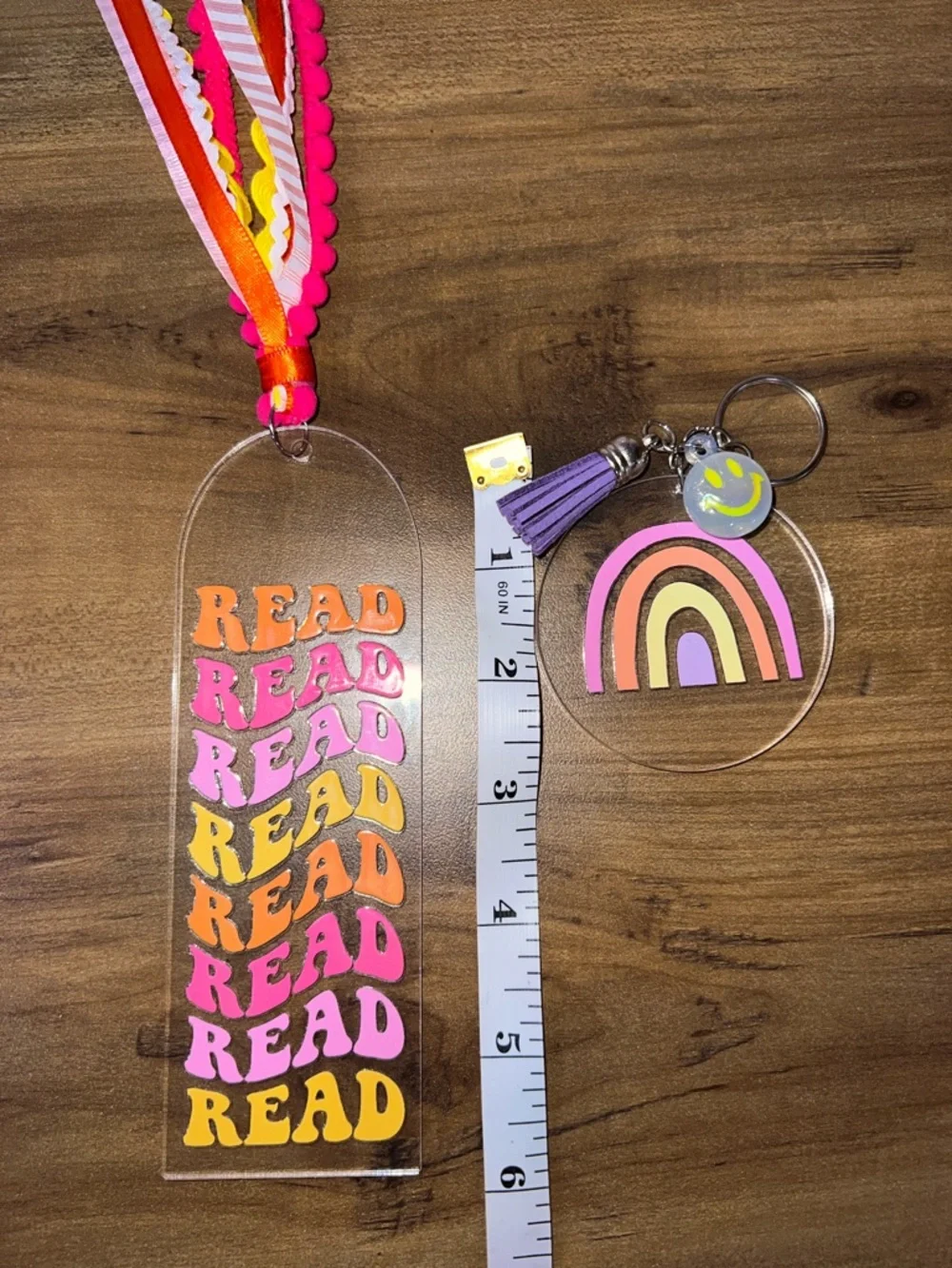 Handmade READ Acrylic Bookmark and Rainbow Keychain Set